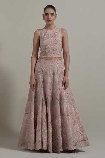 Kavita Bhartia Pink Organza, Net, Tissue Round Neck Embellished Lehenga Blouse Set at Aza Fashions Kavita Bhartia_Pink Organza, Net, Tissue Round Neck Embellished Lehenga Blouse Set _at_Aza_Fashions
