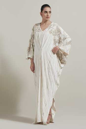 Shop_Kavita Bhartia_Ivory Crepe V-neck Embroidered Kaftan _Online_at_Aza_Fashions