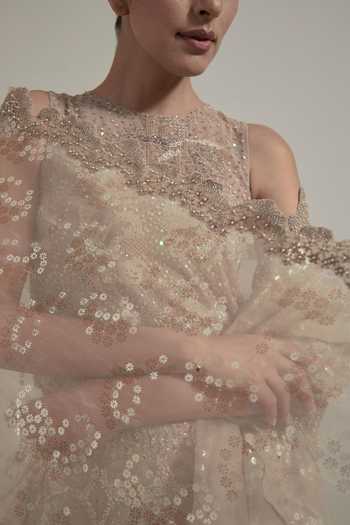 Kavita Bhartia_Beige Organza, Net, Tissue Round Neck Floral Embroidered Lehenga Set _Online_at_Aza_Fashions