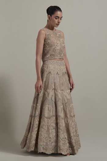 Buy_Kavita Bhartia_Beige Organza, Net, Tissue Round Neck Floral Embroidered Lehenga Set _Online_at_Aza_Fashions