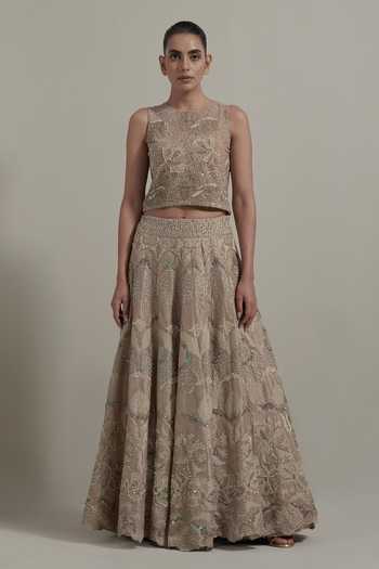 Shop_Kavita Bhartia_Beige Organza, Net, Tissue Round Neck Floral Embroidered Lehenga Set _Online_at_Aza_Fashions