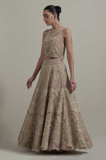 Kavita Bhartia_Beige Organza, Net, Tissue Round Neck Floral Embroidered Lehenga Set _at_Aza_Fashions
