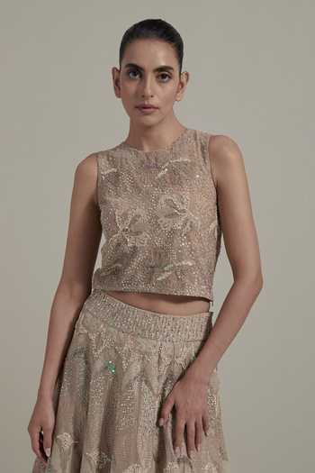 Buy_Kavita Bhartia_Beige Organza, Net, Tissue Round Neck Floral Embroidered Lehenga Set 