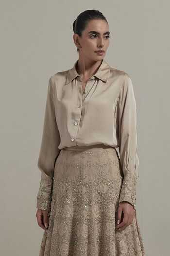 Kavita Bhartia_Beige Organza, Satin, Modal Collared Neck Sleeve Embellished Shirt And Skirt Set _Online_at_Aza_Fashions