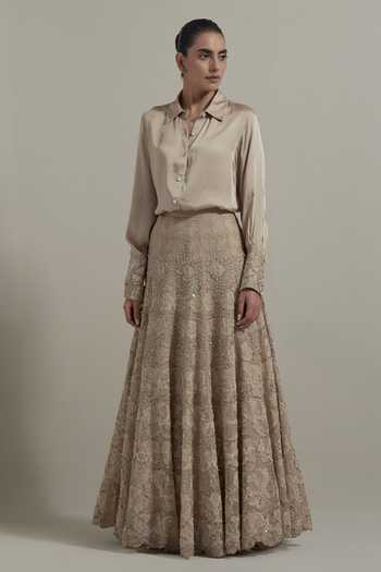 Buy_Kavita Bhartia_Beige Organza, Satin, Modal Collared Neck Sleeve Embellished Shirt And Skirt Set _Online_at_Aza_Fashions