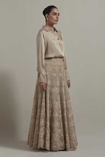 Shop_Kavita Bhartia_Beige Organza, Satin, Modal Collared Neck Sleeve Embellished Shirt And Skirt Set _Online_at_Aza_Fashions