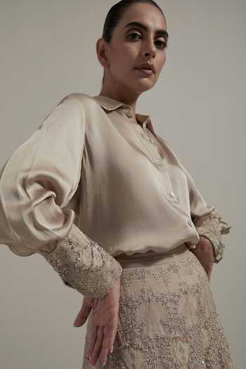 Kavita Bhartia_Beige Organza, Satin, Modal Collared Neck Sleeve Embellished Shirt And Skirt Set _at_Aza_Fashions