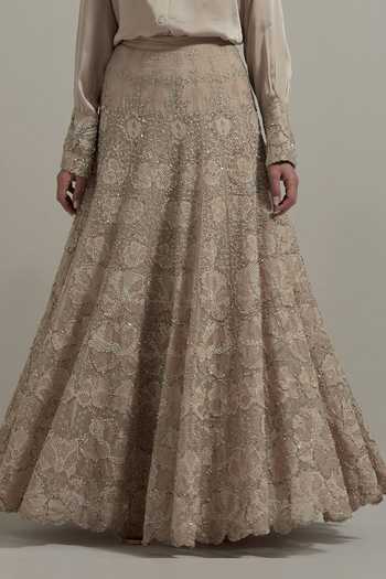 Buy_Kavita Bhartia_Beige Organza, Satin, Modal Collared Neck Sleeve Embellished Shirt And Skirt Set 