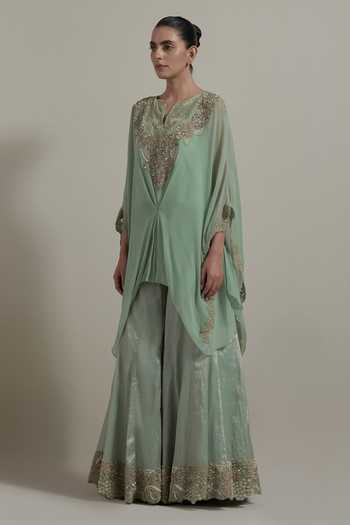 Kavita Bhartia Green Chiffon, Tissue V-neck Yoke Embroidered Kaftan And Skirt Set Online at Aza Fashions Kavita Bhartia_Green Chiffon, Tissue V-neck Yoke Embroidered Kaftan And Skirt Set _Online_at_Aza_Fashions