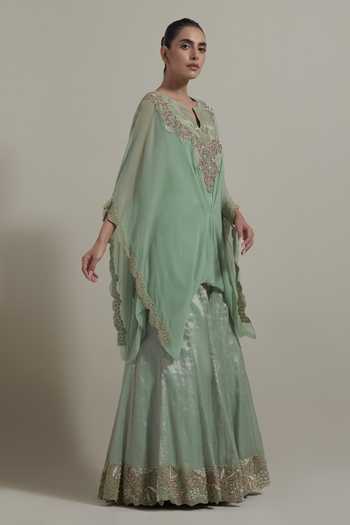 Buy Kavita Bhartia Green Chiffon, Tissue V-neck Yoke Embroidered Kaftan And Skirt Set Online at Aza Fashions Buy_Kavita Bhartia_Green Chiffon, Tissue V-neck Yoke Embroidered Kaftan And Skirt Set _Online_at_Aza_Fashions