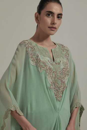 Shop Kavita Bhartia Green Chiffon, Tissue V-neck Yoke Embroidered Kaftan And Skirt Set Online at Aza Fashions Shop_Kavita Bhartia_Green Chiffon, Tissue V-neck Yoke Embroidered Kaftan And Skirt Set _Online_at_Aza_Fashions
