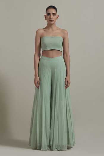 Kavita Bhartia_Green Net, Chiffon Open , Bandeau Embellished Jacket Sharara Set _Online_at_Aza_Fashions