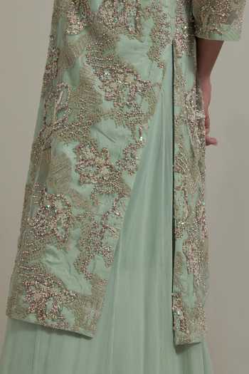 Buy_Kavita Bhartia_Green Net, Chiffon Open , Bandeau Embellished Jacket Sharara Set 