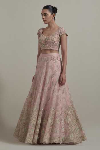 Kavita Bhartia Pink Organza, Net Sweetheart Neck Sequin Work Lehenga Set Online at Aza Fashions Kavita Bhartia_Pink Organza, Net Sweetheart Neck Sequin Work Lehenga Set _Online_at_Aza_Fashions