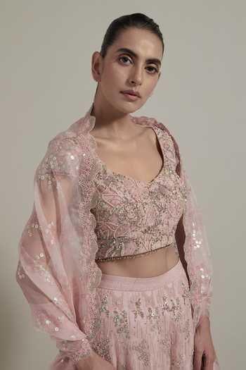 Kavita Bhartia Pink Organza, Net Sweetheart Neck Sequin Work Lehenga Set at Aza Fashions Kavita Bhartia_Pink Organza, Net Sweetheart Neck Sequin Work Lehenga Set _at_Aza_Fashions