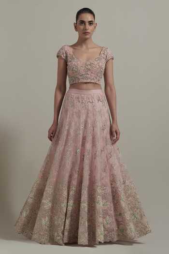 Buy Kavita Bhartia Pink Organza, Net Sweetheart Neck Sequin Work Lehenga Set Buy_Kavita Bhartia_Pink Organza, Net Sweetheart Neck Sequin Work Lehenga Set