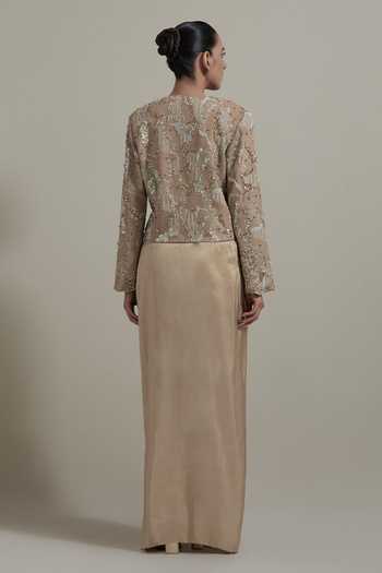 Shop Kavita Bhartia Beige Silk, Dupion, Shantoon Round Neck Embellished Jacket And Skirt Set at Aza Fashions Shop_Kavita Bhartia_Beige Silk, Dupion, Shantoon Round Neck Embellished Jacket And Skirt Set _at_Aza_Fashions