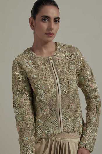 Shop Kavita Bhartia Gold Silk, Net, Dupion Round Neck Embellished Jacket And Skirt Set Online at Aza Fashions Shop_Kavita Bhartia_Gold Silk, Net, Dupion Round Neck Embellished Jacket And Skirt Set _Online_at_Aza_Fashions