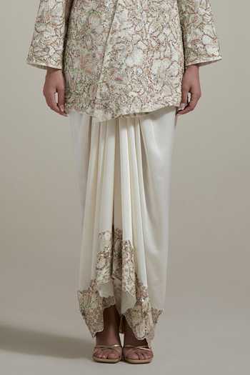 Kavita Bhartia Ivory Silk, Satin Plunge Neck Embroidered Jacket And Skirt Set Online at Aza Fashions Kavita Bhartia_Ivory Silk, Satin Plunge Neck Embroidered Jacket And Skirt Set _Online_at_Aza_Fashions