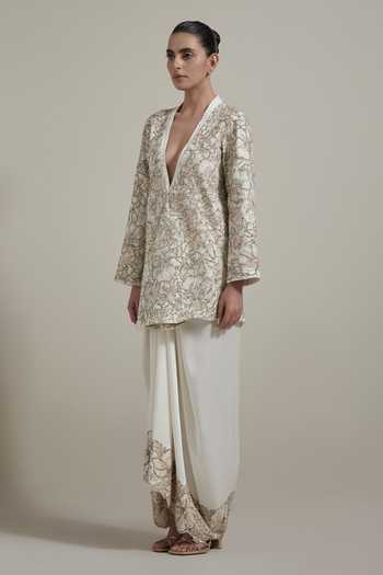 Buy Kavita Bhartia Ivory Silk, Satin Plunge Neck Embroidered Jacket And Skirt Set Online at Aza Fashions Buy_Kavita Bhartia_Ivory Silk, Satin Plunge Neck Embroidered Jacket And Skirt Set _Online_at_Aza_Fashions