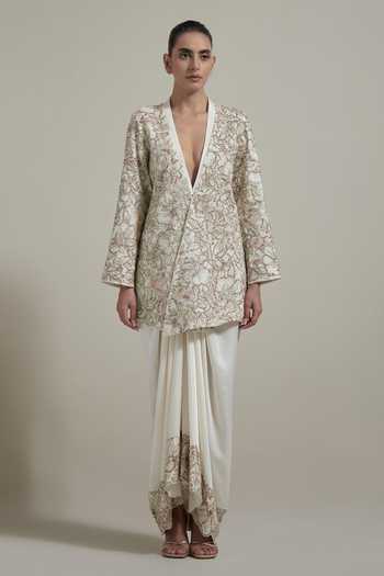 Shop Kavita Bhartia Ivory Silk, Satin Plunge Neck Embroidered Jacket And Skirt Set Online at Aza Fashions Shop_Kavita Bhartia_Ivory Silk, Satin Plunge Neck Embroidered Jacket And Skirt Set _Online_at_Aza_Fashions