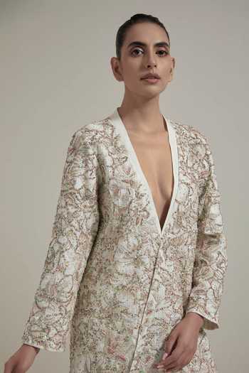 Kavita Bhartia Ivory Silk, Satin Plunge Neck Embroidered Jacket And Skirt Set at Aza Fashions Kavita Bhartia_Ivory Silk, Satin Plunge Neck Embroidered Jacket And Skirt Set _at_Aza_Fashions