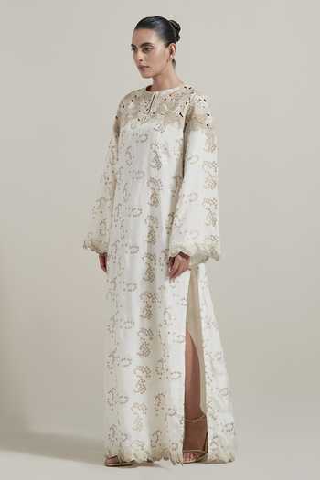 Kavita Bhartia Ivory Silk Round Neck Cutwork Embellished Kaftan Online at Aza Fashions Kavita Bhartia_Ivory Silk Round Neck Cutwork Embellished Kaftan _Online_at_Aza_Fashions
