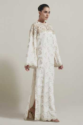 Buy Kavita Bhartia Ivory Silk Round Neck Cutwork Embellished Kaftan Online at Aza Fashions Buy_Kavita Bhartia_Ivory Silk Round Neck Cutwork Embellished Kaftan _Online_at_Aza_Fashions