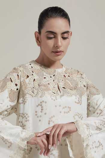 Shop Kavita Bhartia Ivory Silk Round Neck Cutwork Embellished Kaftan Online at Aza Fashions Shop_Kavita Bhartia_Ivory Silk Round Neck Cutwork Embellished Kaftan _Online_at_Aza_Fashions