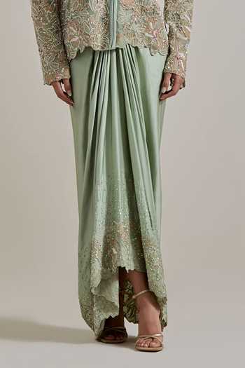 Kavita Bhartia Green Organza, Net Mandarin Collar Hand Embellished Jacket And Skirt Set Online at Aza Fashions Kavita Bhartia_Green Organza, Net Mandarin Collar Hand Embellished Jacket And Skirt Set _Online_at_Aza_Fashions