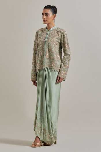 Buy Kavita Bhartia Green Organza, Net Mandarin Collar Hand Embellished Jacket And Skirt Set Online at Aza Fashions Buy_Kavita Bhartia_Green Organza, Net Mandarin Collar Hand Embellished Jacket And Skirt Set _Online_at_Aza_Fashions