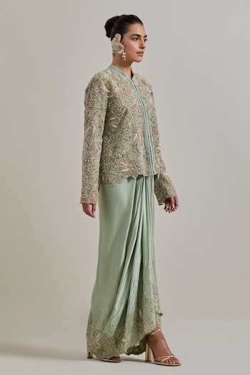 Shop Kavita Bhartia Green Organza, Net Mandarin Collar Hand Embellished Jacket And Skirt Set Online at Aza Fashions Shop_Kavita Bhartia_Green Organza, Net Mandarin Collar Hand Embellished Jacket And Skirt Set _Online_at_Aza_Fashions