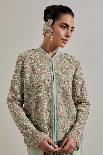Kavita Bhartia Green Organza, Net Mandarin Collar Hand Embellished Jacket And Skirt Set at Aza Fashions Kavita Bhartia_Green Organza, Net Mandarin Collar Hand Embellished Jacket And Skirt Set _at_Aza_Fashions