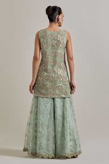 Shop Kavita Bhartia Green Organza, Net Round Neck, Yes Hand Embellished Kurta Set at Aza Fashions Shop_Kavita Bhartia_Green Organza, Net Round Neck, Yes Hand Embellished Kurta Set _at_Aza_Fashions