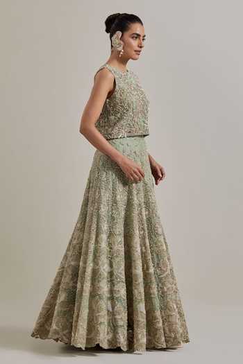 Kavita Bhartia_Green Organza, Net Round Neck Hand Embellished Lehenga Set _Online_at_Aza_Fashions