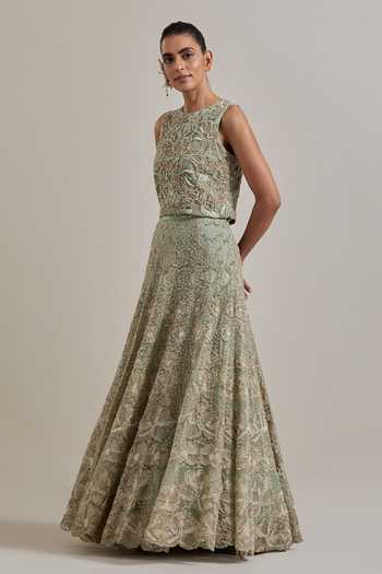 Buy_Kavita Bhartia_Green Organza, Net Round Neck Hand Embellished Lehenga Set _Online_at_Aza_Fashions