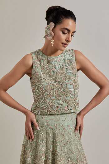 Shop_Kavita Bhartia_Green Organza, Net Round Neck Hand Embellished Lehenga Set _Online_at_Aza_Fashions