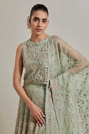 Kavita Bhartia_Green Organza, Net Round Neck Hand Embellished Lehenga Set _at_Aza_Fashions