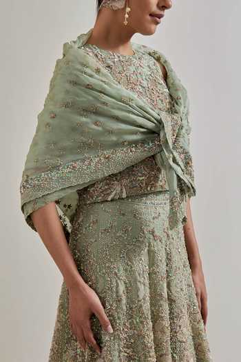 Buy_Kavita Bhartia_Green Organza, Net Round Neck Hand Embellished Lehenga Set 