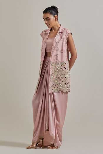 Kavita Bhartia Pink Chanderi, Satin Collared Neck Hand Embellished Jacket And Skirt Set Online at Aza Fashions Kavita Bhartia_Pink Chanderi, Satin Collared Neck Hand Embellished Jacket And Skirt Set _Online_at_Aza_Fashions