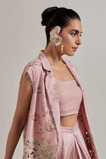 Shop Kavita Bhartia Pink Chanderi, Satin Collared Neck Hand Embellished Jacket And Skirt Set Online at Aza Fashions Shop_Kavita Bhartia_Pink Chanderi, Satin Collared Neck Hand Embellished Jacket And Skirt Set _Online_at_Aza_Fashions