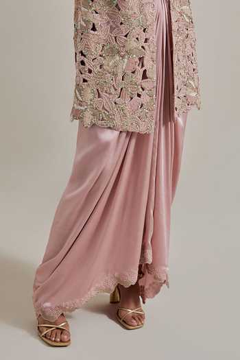 Kavita Bhartia Pink Chanderi, Satin Collared Neck Hand Embellished Jacket And Skirt Set at Aza Fashions Kavita Bhartia_Pink Chanderi, Satin Collared Neck Hand Embellished Jacket And Skirt Set _at_Aza_Fashions