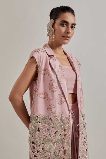 Buy Kavita Bhartia Pink Chanderi, Satin Collared Neck Hand Embellished Jacket And Skirt Set Buy_Kavita Bhartia_Pink Chanderi, Satin Collared Neck Hand Embellished Jacket And Skirt Set