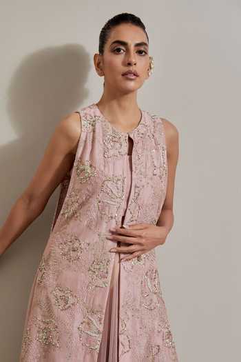 Kavita Bhartia_Pink Chanderi, Net Round Neck Hand Embellished Skirt Set _Online_at_Aza_Fashions
