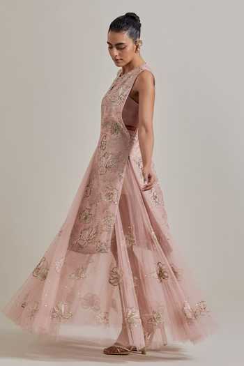 Buy_Kavita Bhartia_Pink Chanderi, Net Round Neck Hand Embellished Skirt Set _Online_at_Aza_Fashions