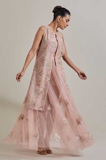 Shop_Kavita Bhartia_Pink Chanderi, Net Round Neck Hand Embellished Skirt Set _Online_at_Aza_Fashions