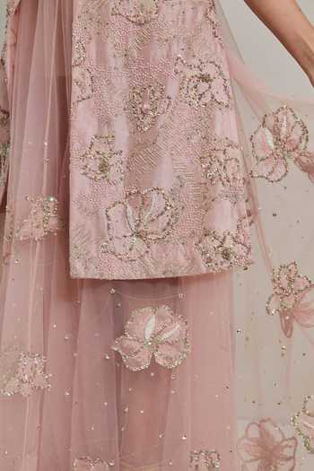 Kavita Bhartia_Pink Chanderi, Net Round Neck Hand Embellished Skirt Set _at_Aza_Fashions