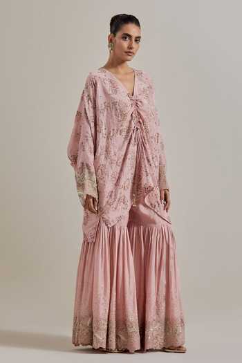 Kavita Bhartia Pink Silk V-neck Hand Embellished Kaftan And Sharara Set Online at Aza Fashions Kavita Bhartia_Pink Silk V-neck Hand Embellished Kaftan And Sharara Set _Online_at_Aza_Fashions