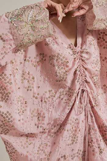 Buy Kavita Bhartia Pink Silk V-neck Hand Embellished Kaftan And Sharara Set Buy_Kavita Bhartia_Pink Silk V-neck Hand Embellished Kaftan And Sharara Set