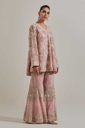 Kavita Bhartia_Pink Organza Embroidery, Sequins, Beads, Hand Embellished Kurta Palazzo Set _Online_at_Aza_Fashions